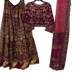 Afroze Brand Maroon & Gold Embroided Pakistani Lehenga Choli Set with Dupatta